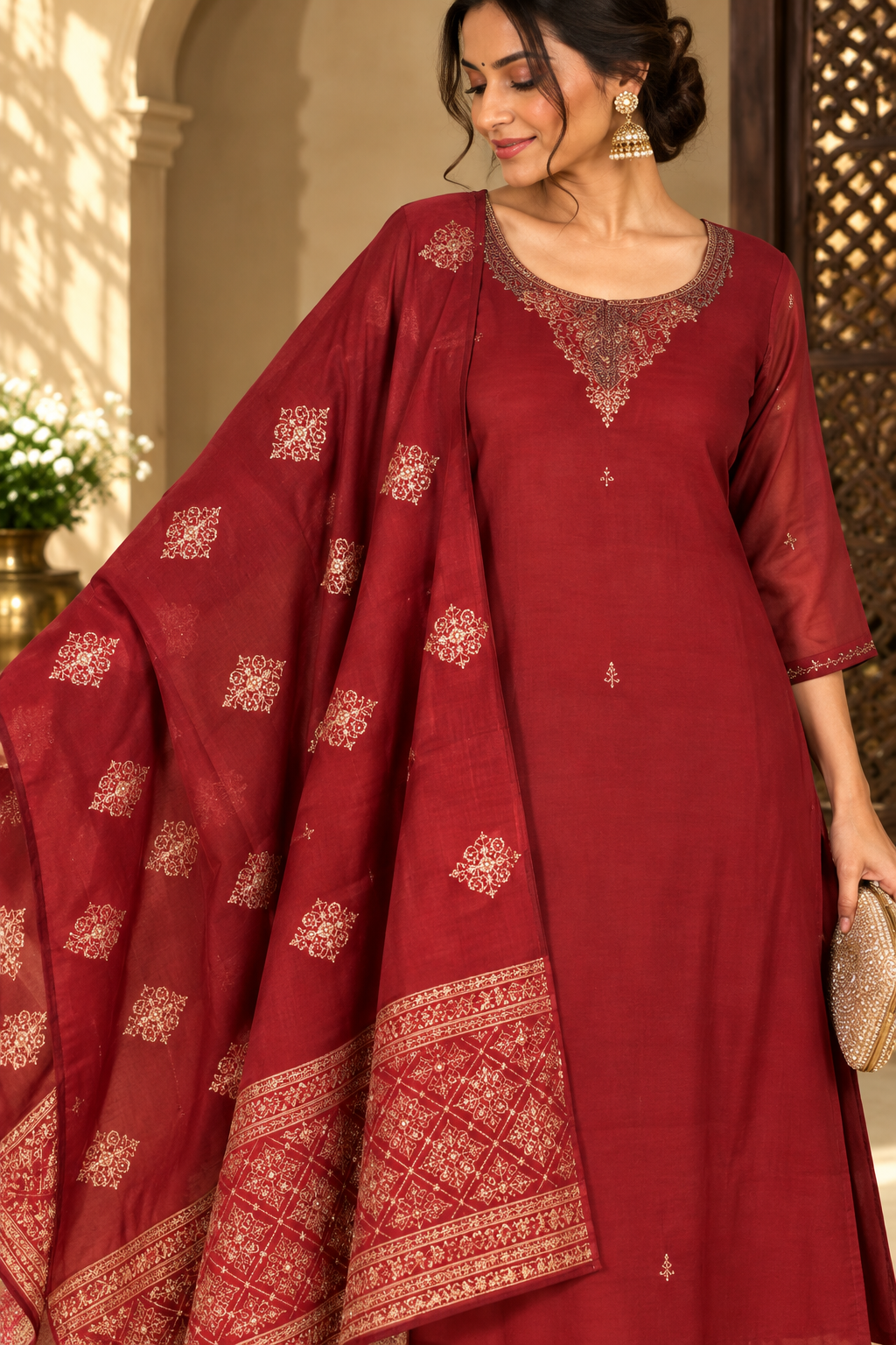 Maroon ethnic suit set with printed dupatta and floral border