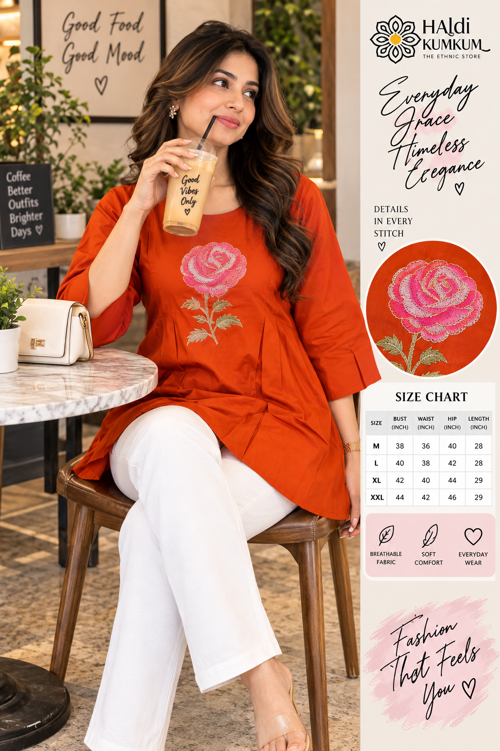 Orange ethnic flared kurti with floral embroidery and round neckline