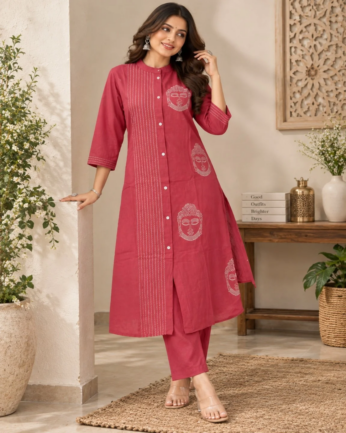 Rose Pink Buddha Motif Printed Straight Kurta Pant Set for Women | Elegant Ethnic Wear