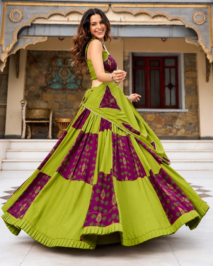 Olive Green & Wine Printed Lehenga Choli Set with Dupatta for Women