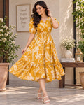 Mustard yellow tiered midi dress with drawstring waist and flared skirt