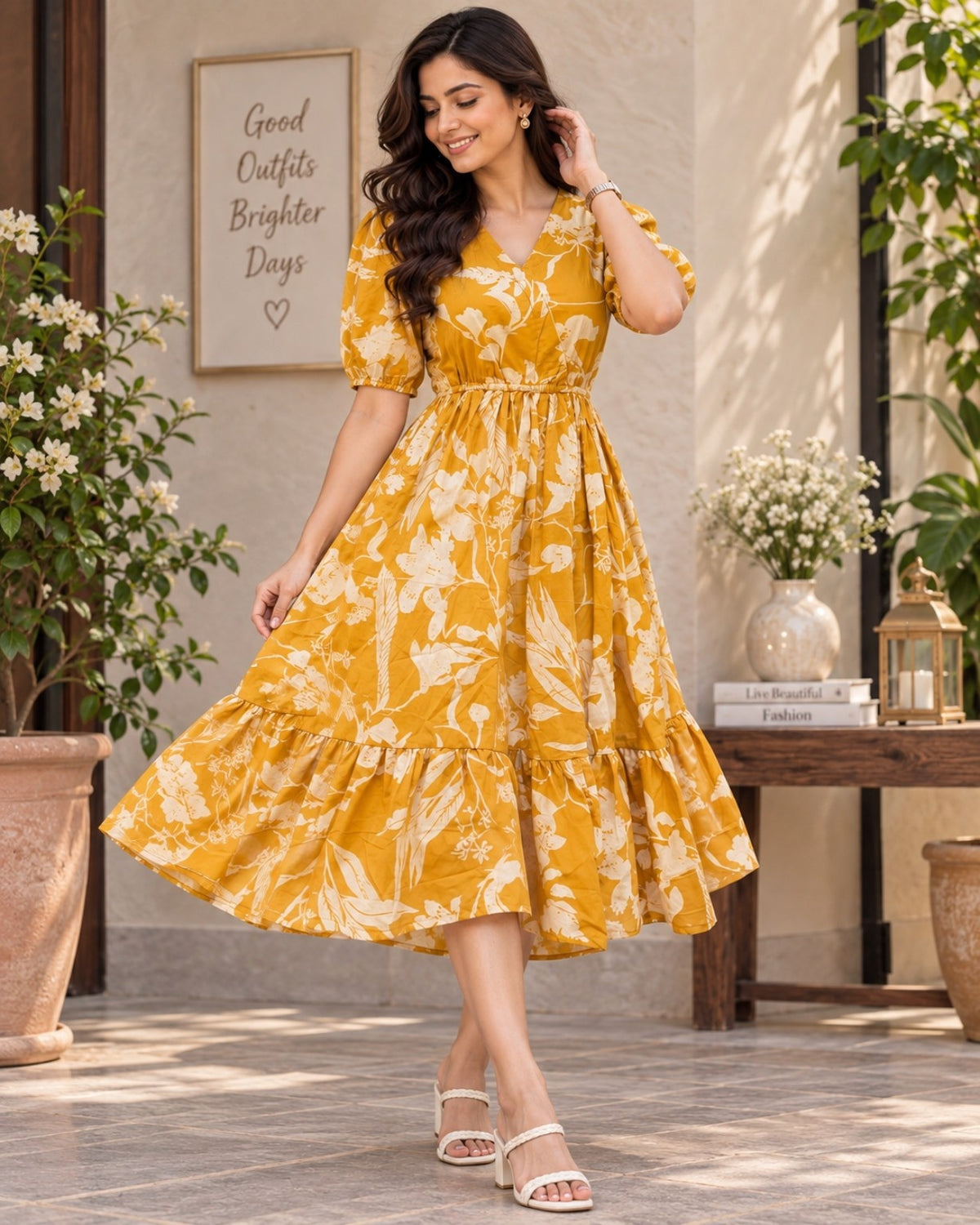 Mustard yellow tiered midi dress with drawstring waist and flared skirt