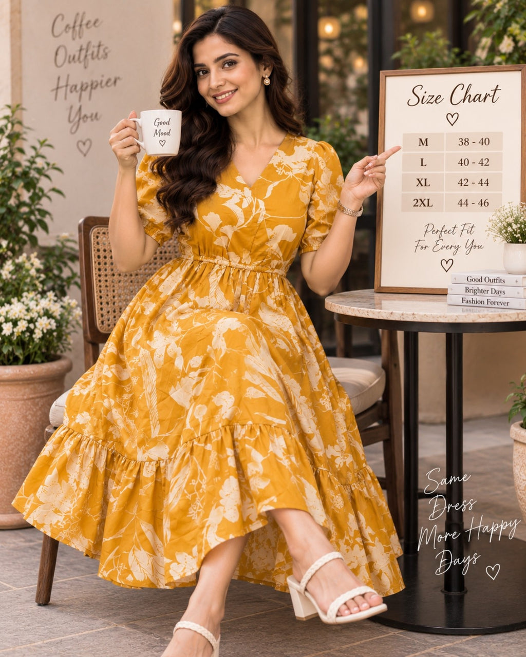 Mustard yellow floral printed tiered midi dress for women