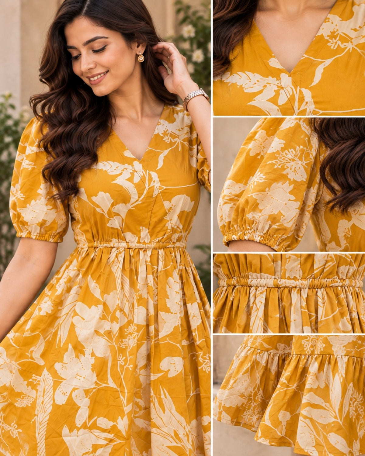 Mustard yellow midi dress with white floral print, V-neck and puff sleeves
