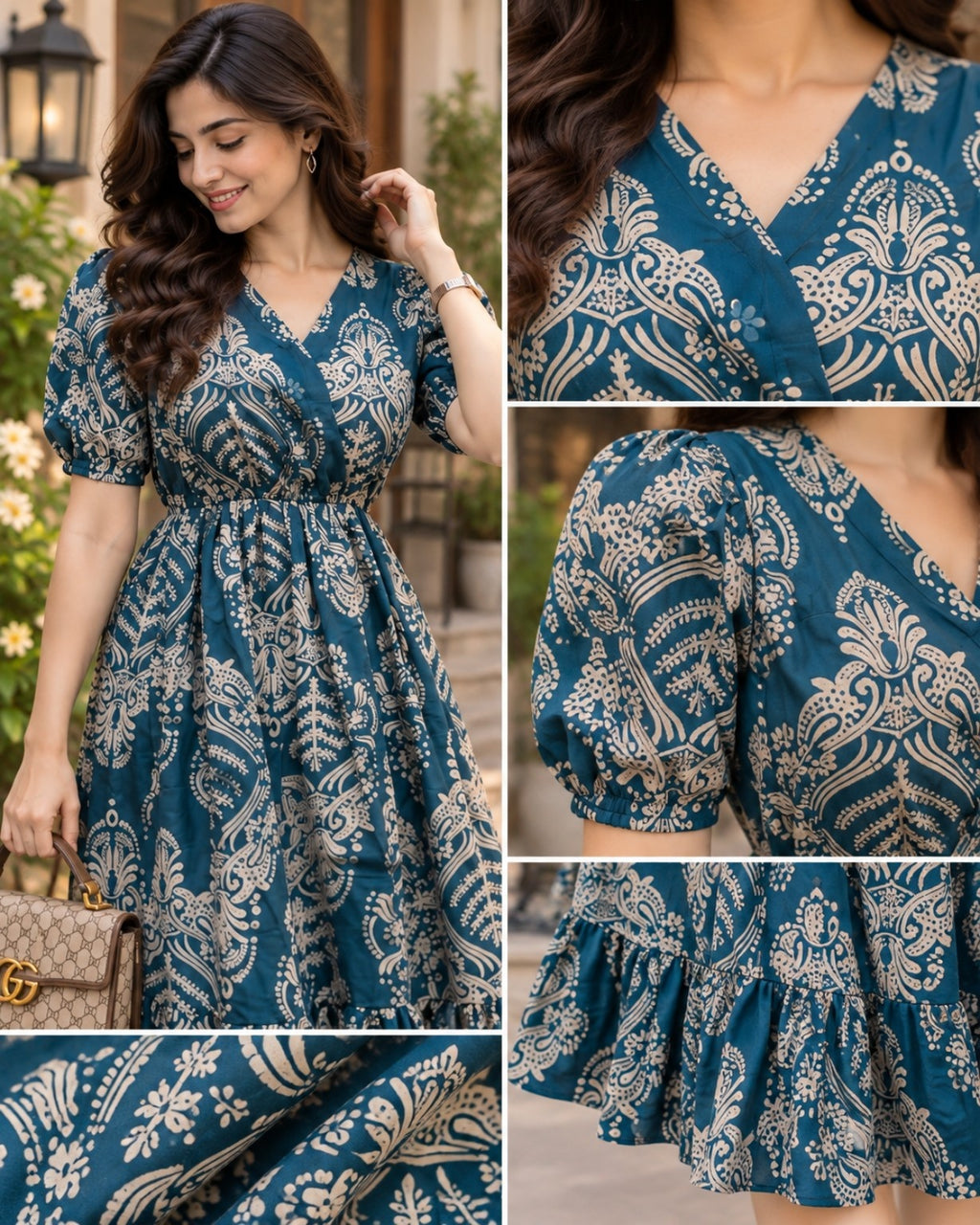Teal blue midi dress with ivory ornamental print, V-neck and puff sleeves