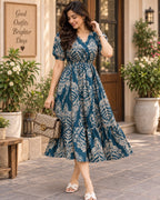 Teal blue printed tiered midi dress with puff sleeves for women
