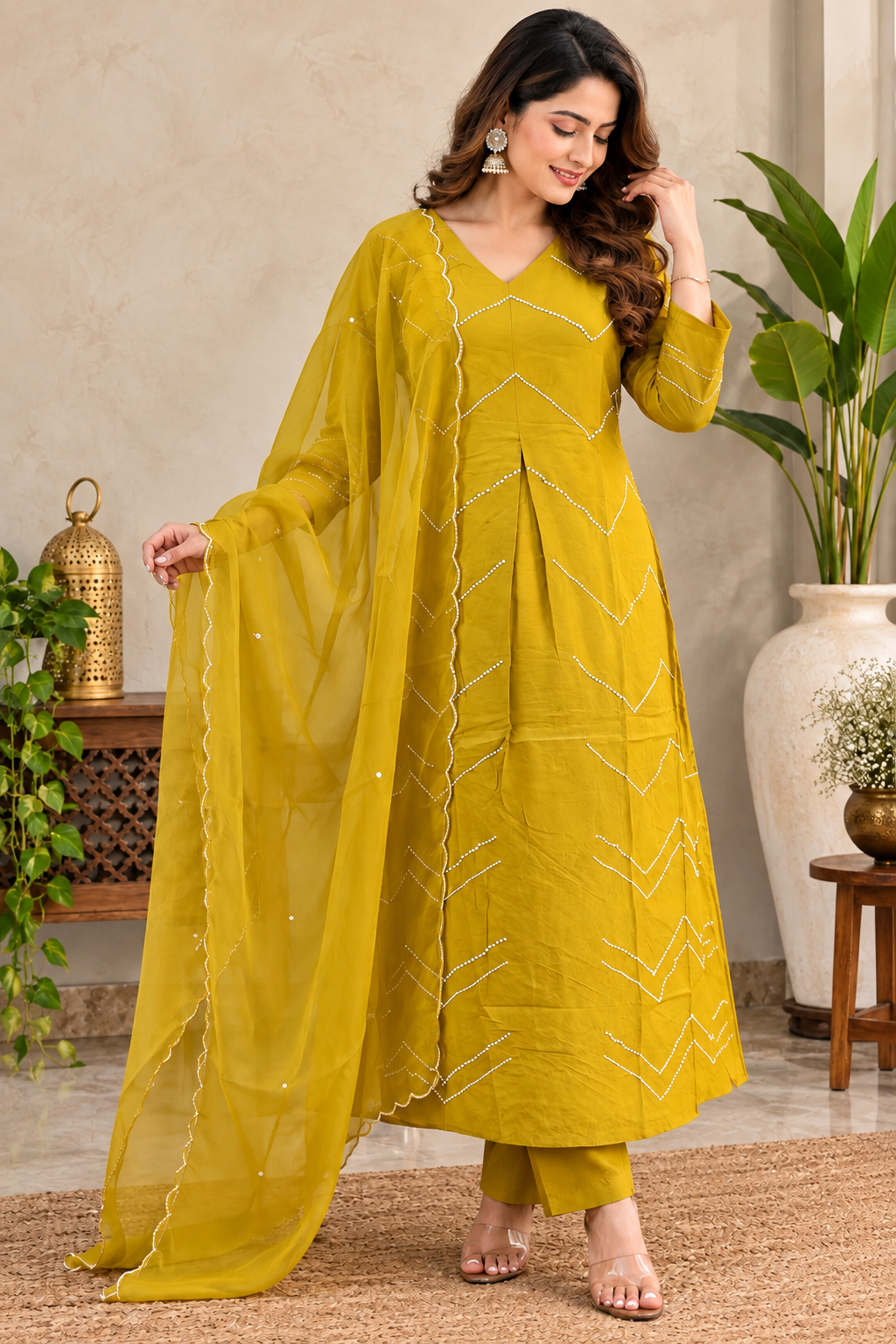 Mustard yellow embroidered Anarkali suit set with dupatta for women