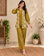 Olive Green Floral Embroidered Co-Ord Set