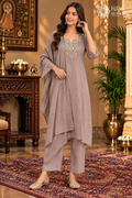Premium taupe embroidered kurta pant dupatta set for women
