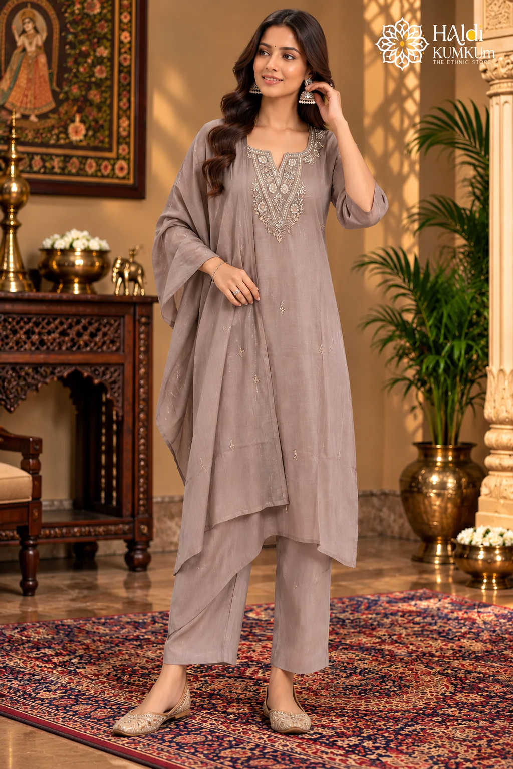 Premium taupe embroidered kurta pant dupatta set for women