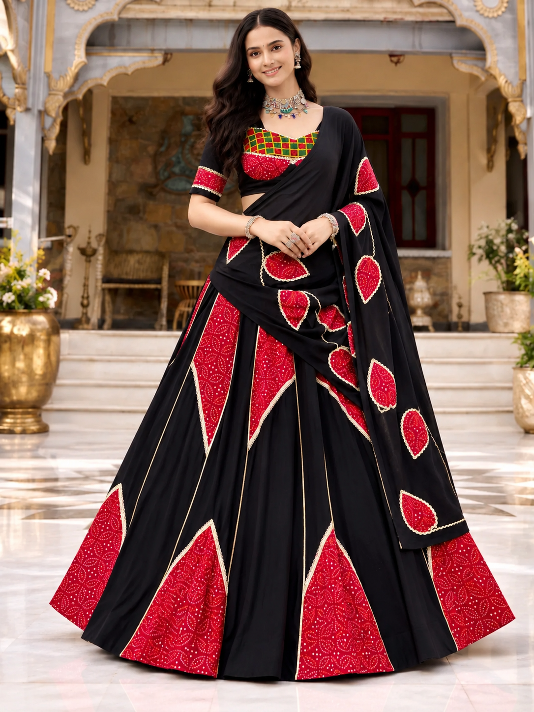 Black & Red Bandhani Print Lehenga Choli Set with Dupatta for Women