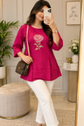 Rani pink rose embroidered flared kurti for women