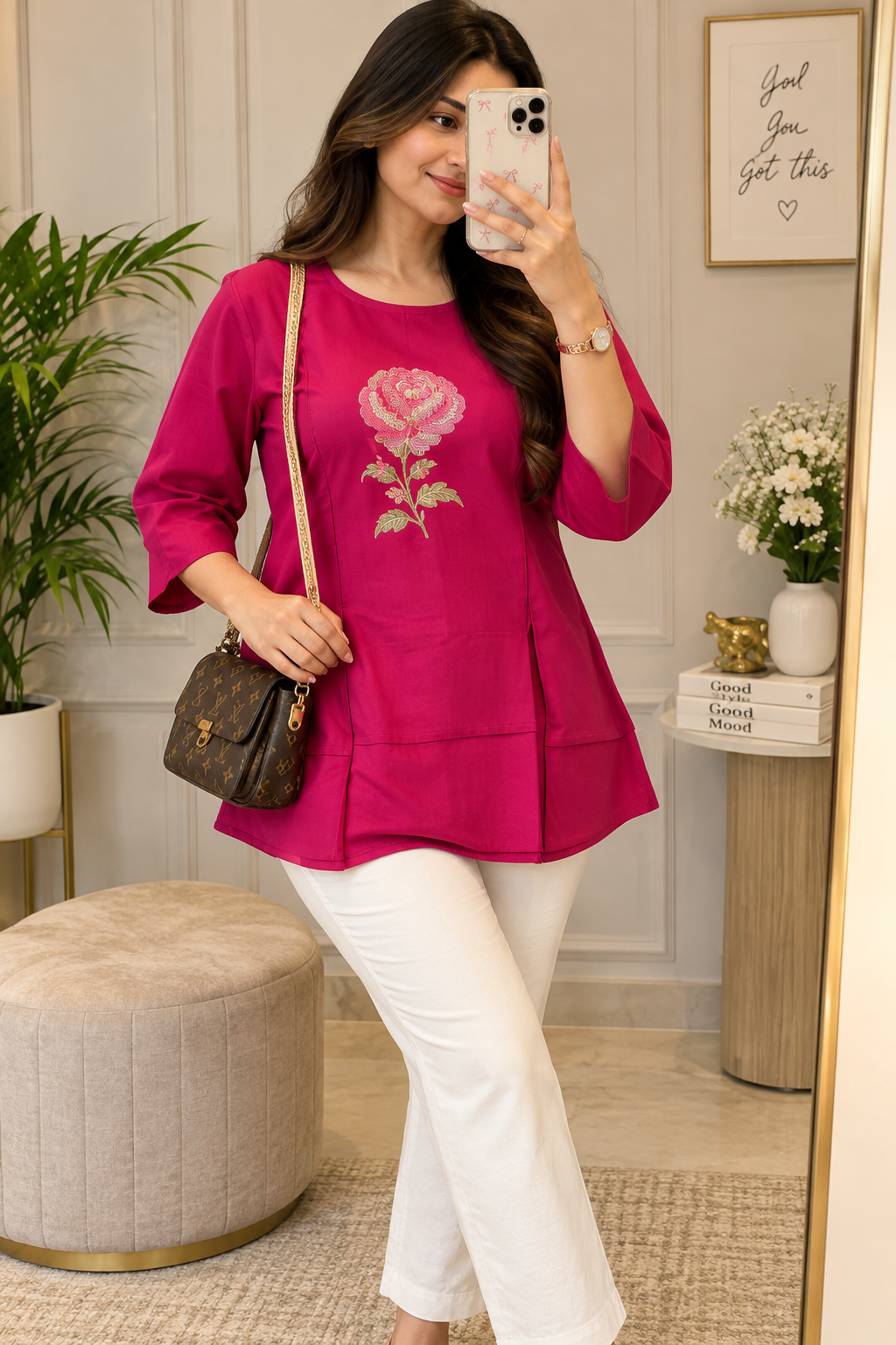 Rani pink rose embroidered flared kurti for women