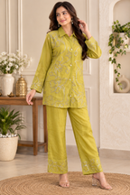 Lime Green Floral Embroidered Cord Set