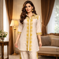 Beige Khadi Cotton Co-Ord Set with Yellow Embroidery | Handcrafted Ethnic Wear for Women