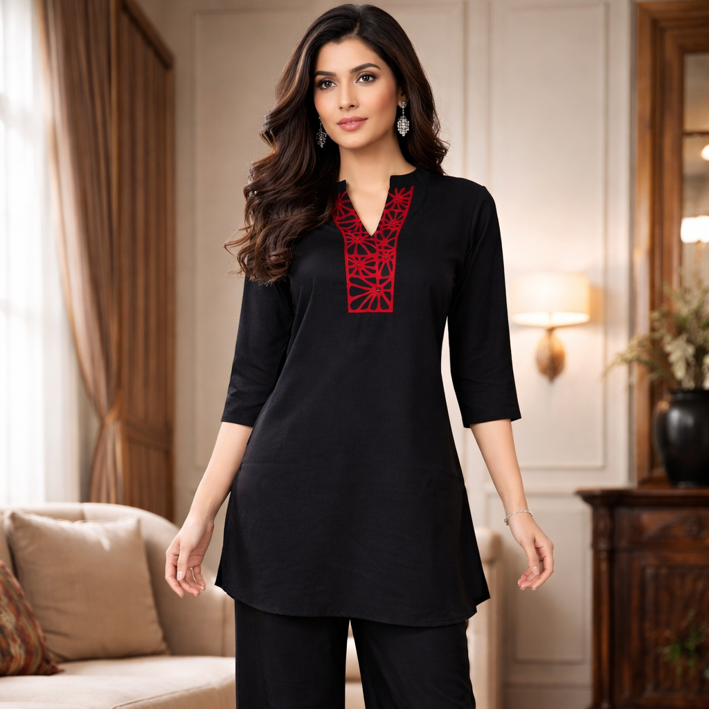 Black Minimal Co-Ord Set with Red Embroidered Neck | Modern Ethnic Cord Set for Women