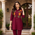 Maroon Floral Embroidered Co-Ord Set for Women | Designer Ethnic Cord Set