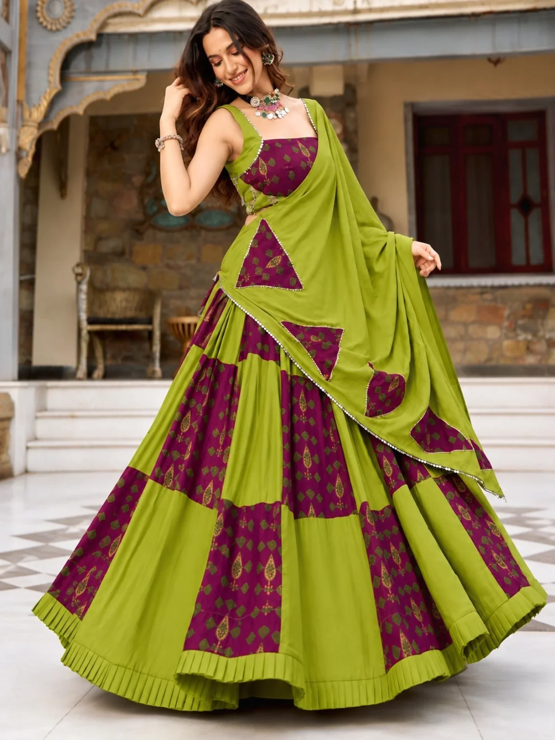 Olive Green & Wine Printed Lehenga Choli Set with Dupatta for Women