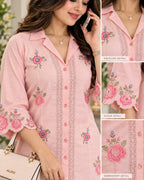 Pink floral embroidered shirt style kurti with lace detailing for women