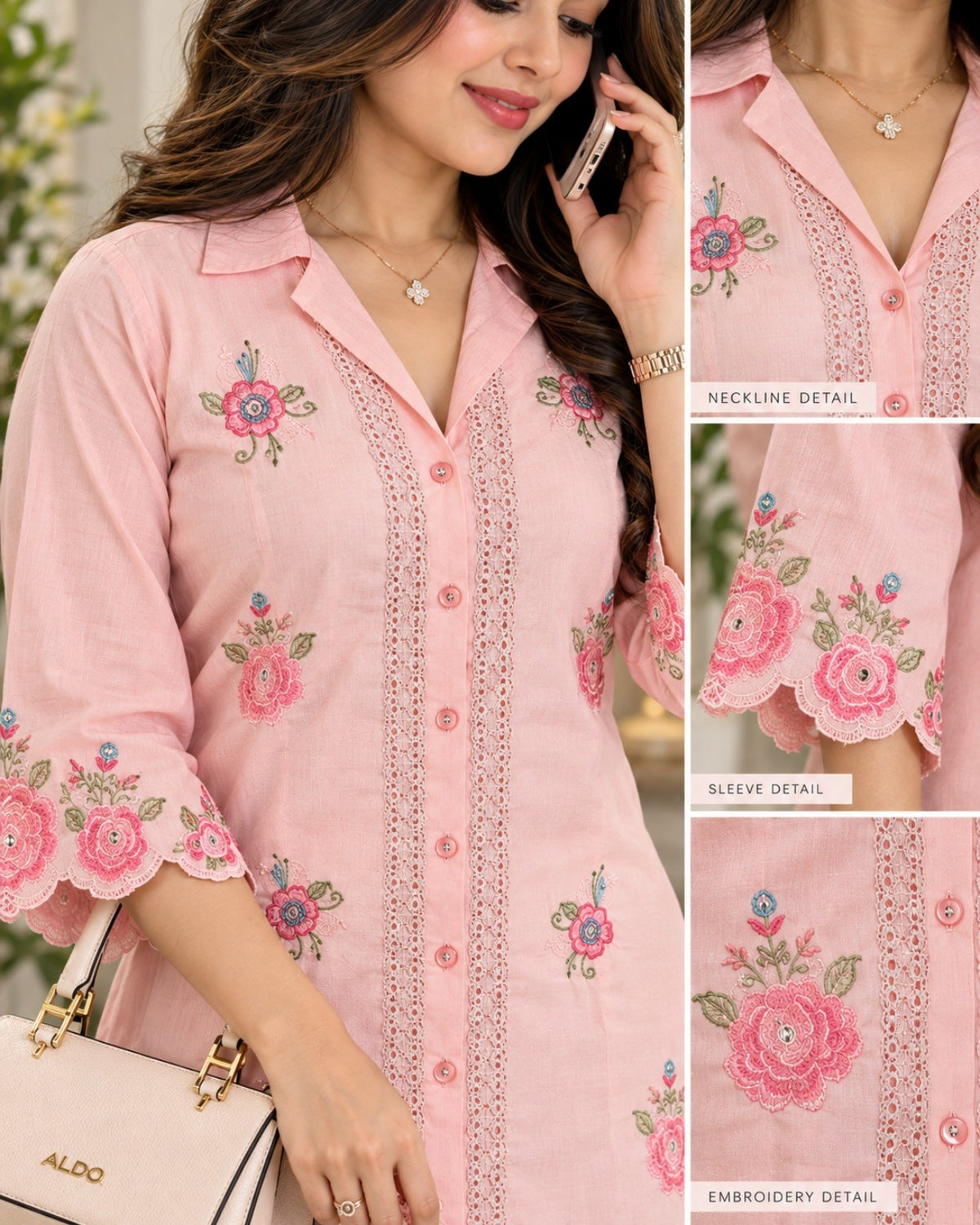Pink floral embroidered shirt style kurti with lace detailing for women