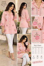 Light pink kurti with multicolour floral embroidery, shirt collar and lace front placket