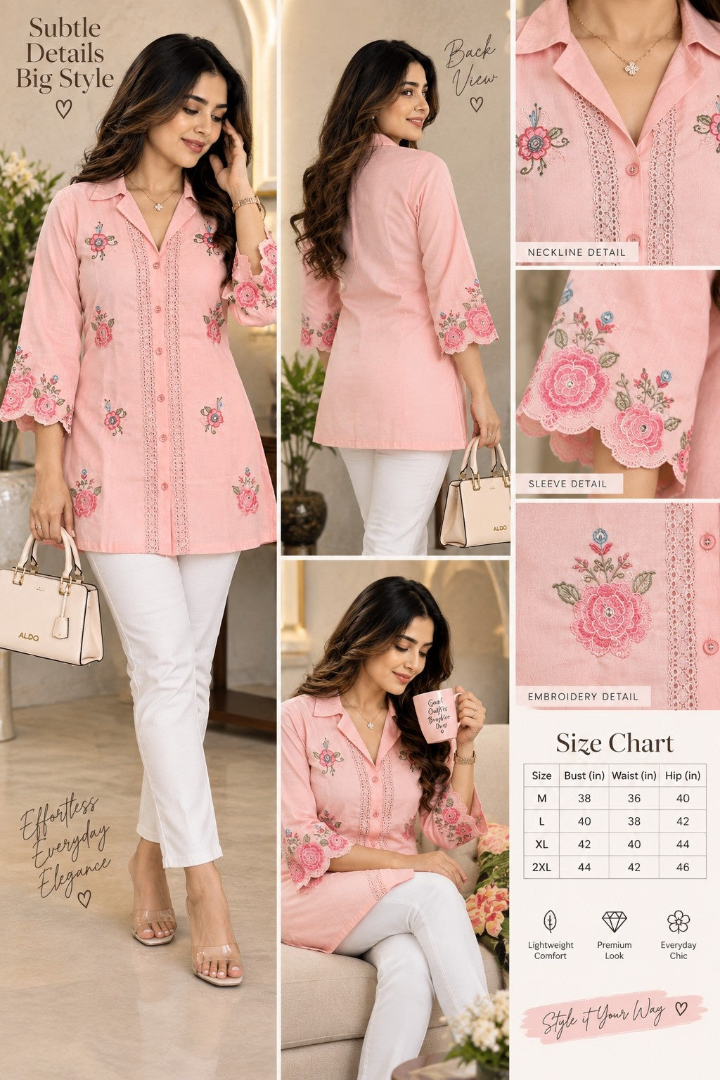 Light pink kurti with multicolour floral embroidery, shirt collar and lace front placket