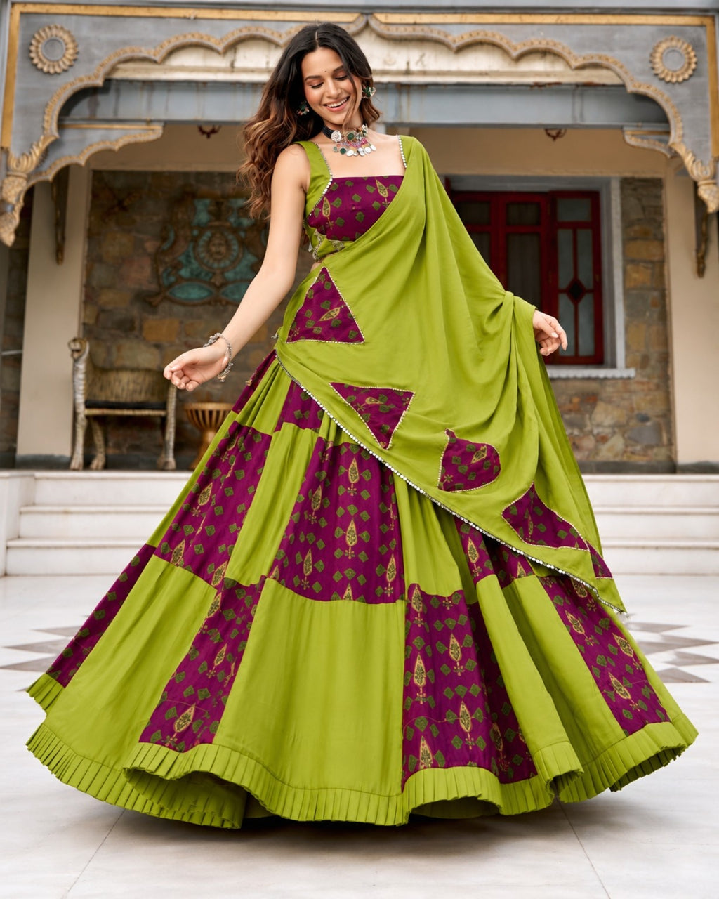 Olive Green & Wine Printed Lehenga Choli Set with Dupatta for Women