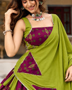 Olive Green & Wine Printed Lehenga Choli Set with Dupatta for Women