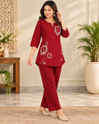 Maroon Embroidered Kurta Pant Co-Ord Set for Women with Floral Detailing