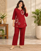 Maroon Embroidered Kurta Pant Co-Ord Set for Women with Floral Detailing