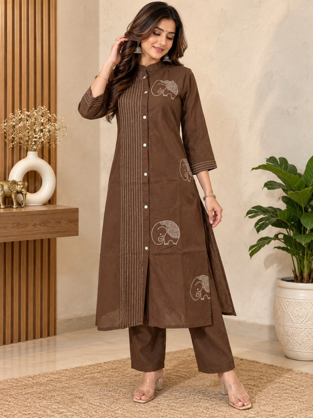 Coffee brown straight kurta with elephant motif print and mandarin collar