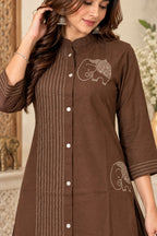 Coffee brown printed kurta with matching straight pants and button placket
