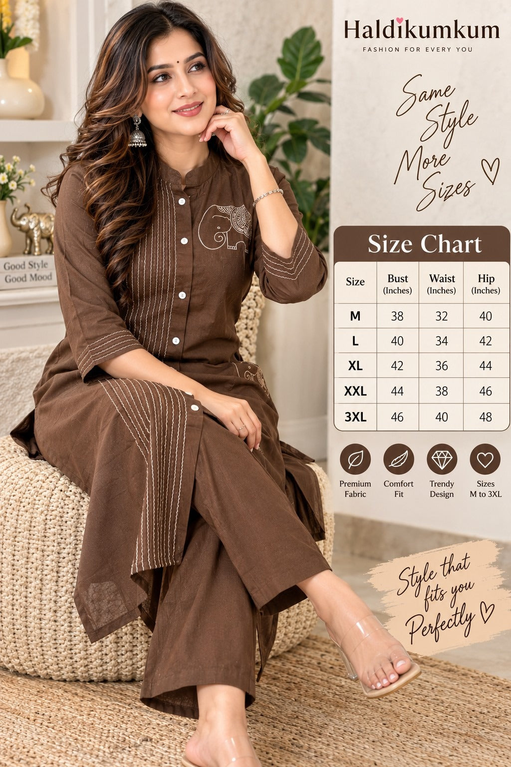 Coffee brown printed kurta with matching straight pants and button placket