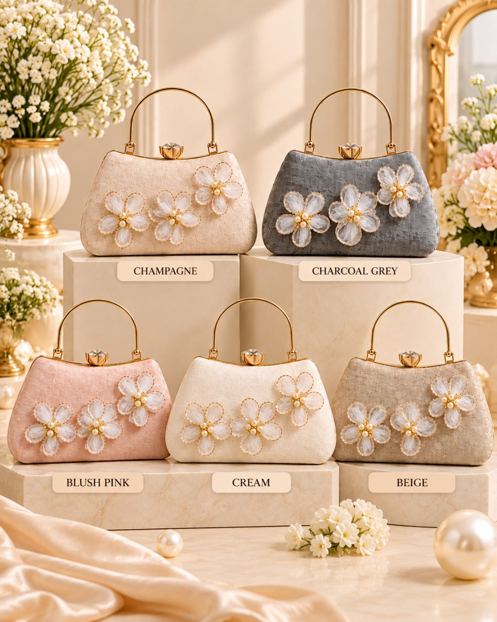 Floral Embellished Structured Handbag with Gold Handle for Women