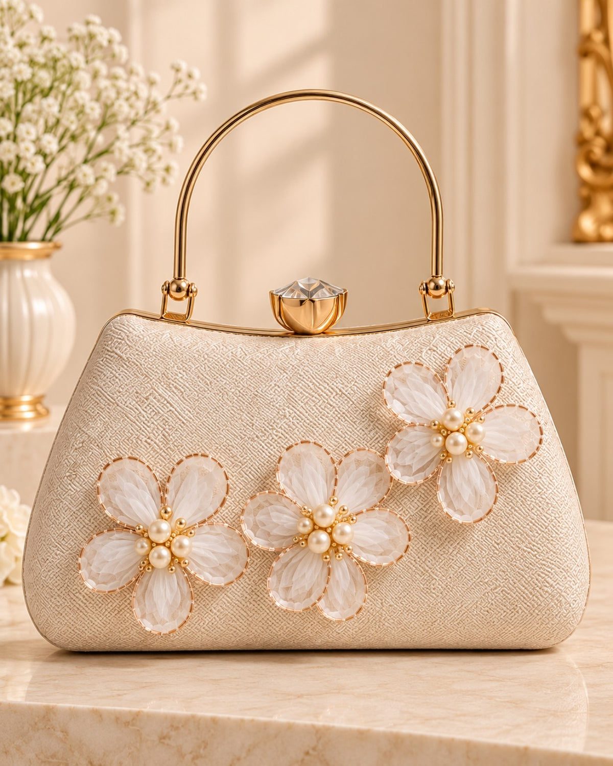 Floral Embellished Structured Handbag with Gold Handle for Women