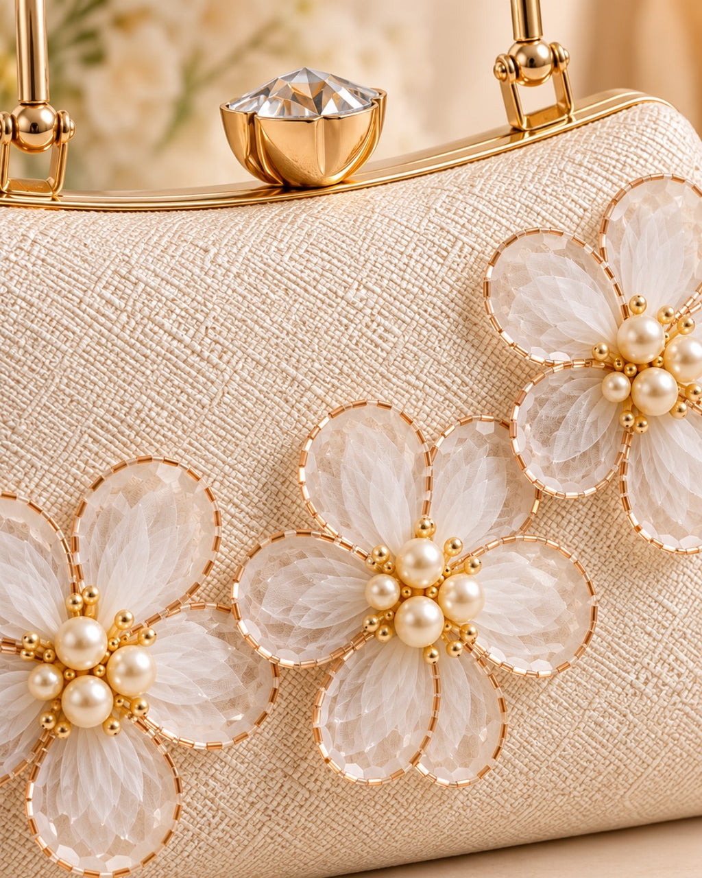 Floral Embellished Structured Handbag with Gold Handle for Women