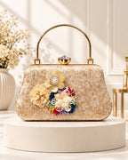 Floral Embellished Textured Frame Clutch Bag with Gold Handle for Women