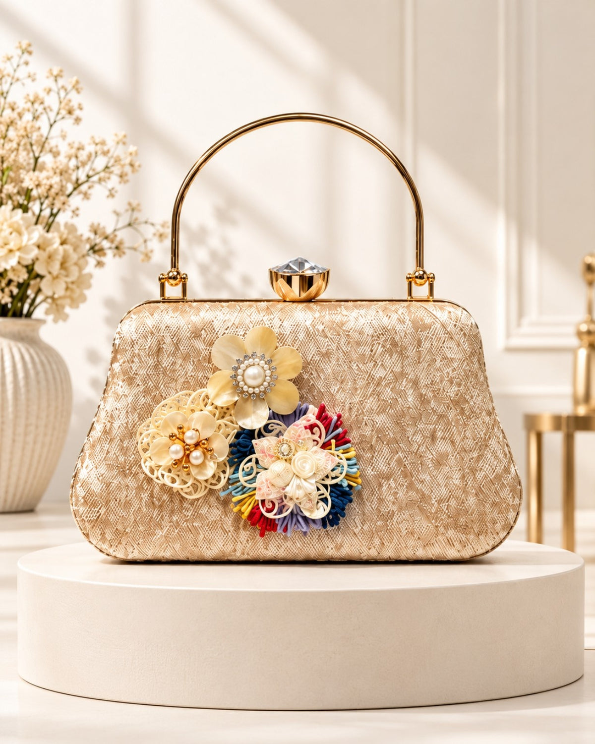 Floral Embellished Textured Frame Clutch Bag with Gold Handle for Women