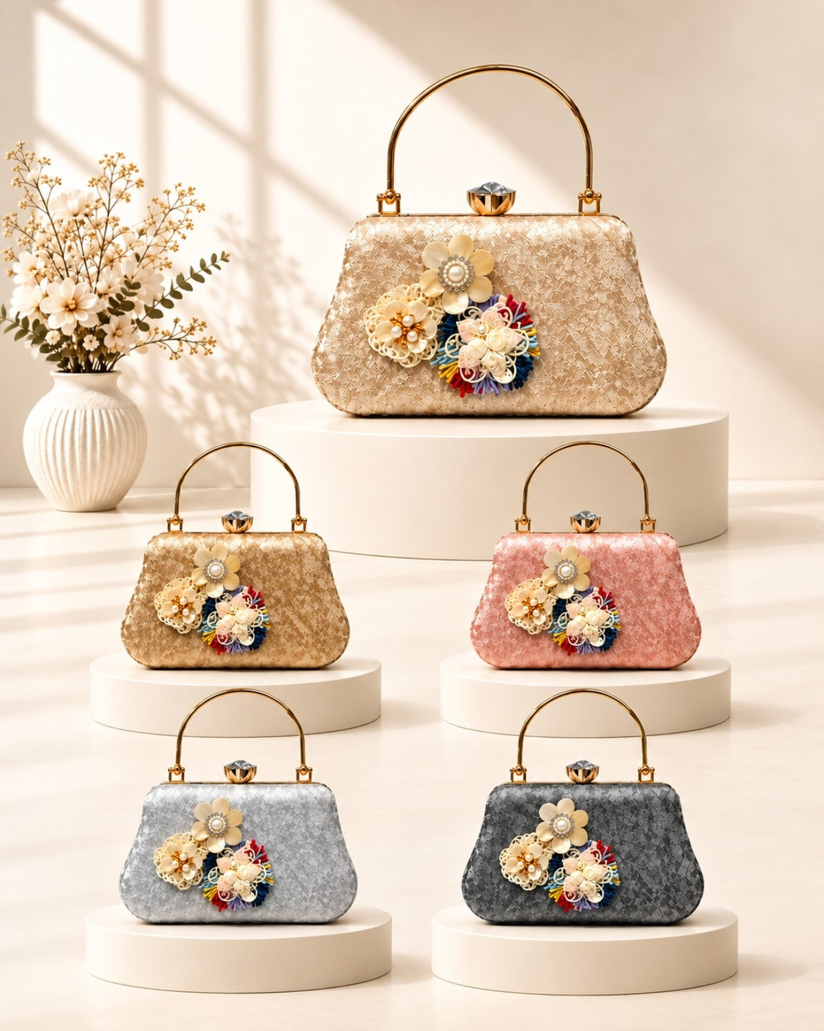Floral Embellished Textured Frame Clutch Bag with Gold Handle for Women