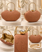 Textured Floral Pattern Frame Clutch Bag with Gold Handle for Women