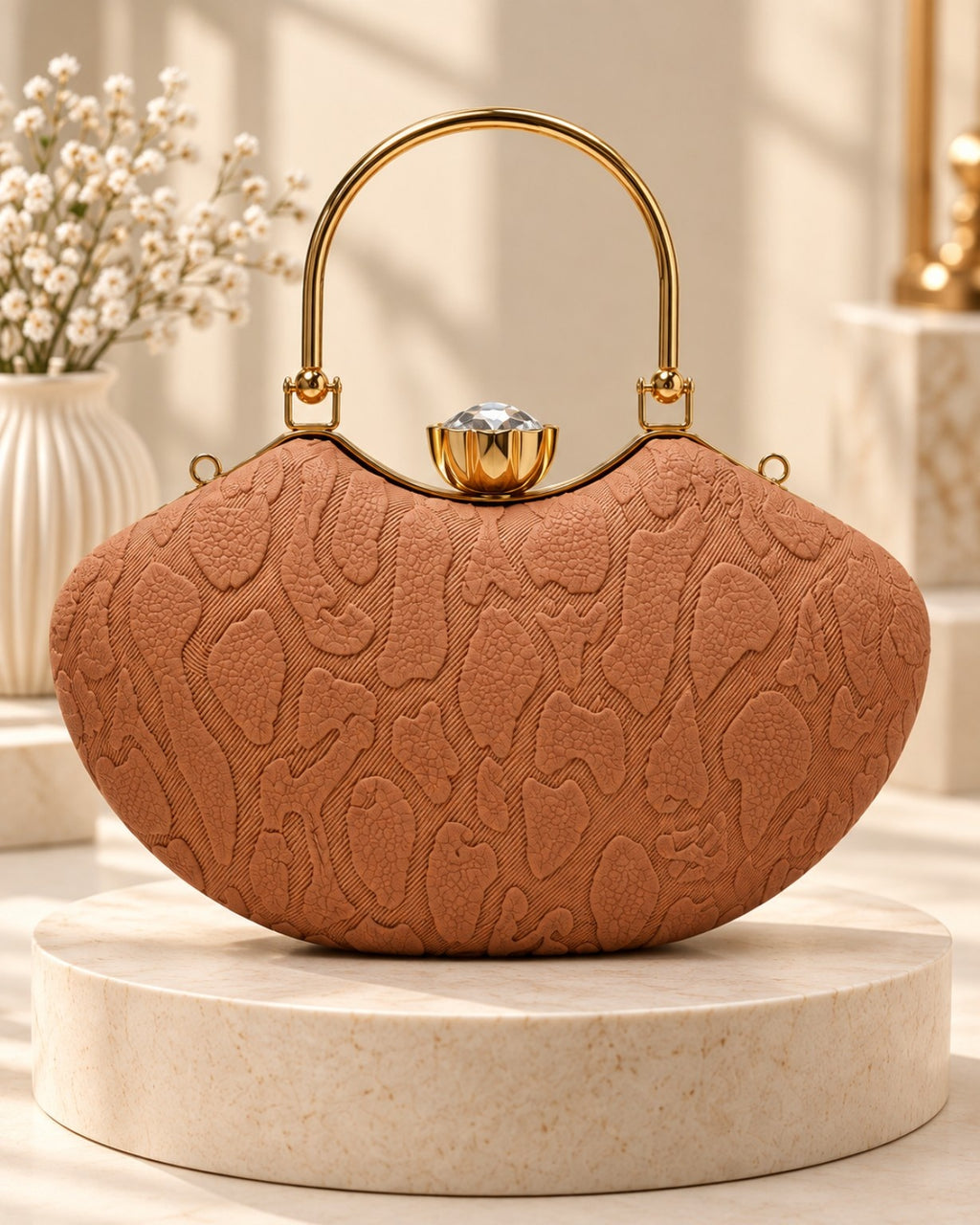 Textured Floral Pattern Frame Clutch Bag with Gold Handle for Women