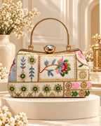 Multicolor Floral Embroidered Frame Clutch Bag with Gold Handle for Women