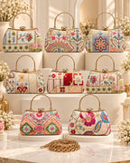 Multicolor Floral Embroidered Frame Clutch Bag for Women with Gold Tone Handle