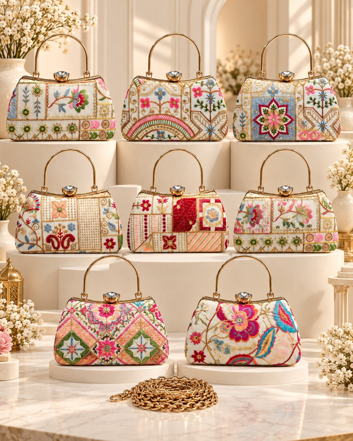 Multicolor Floral Embroidered Frame Clutch Bag for Women with Gold Tone Handle