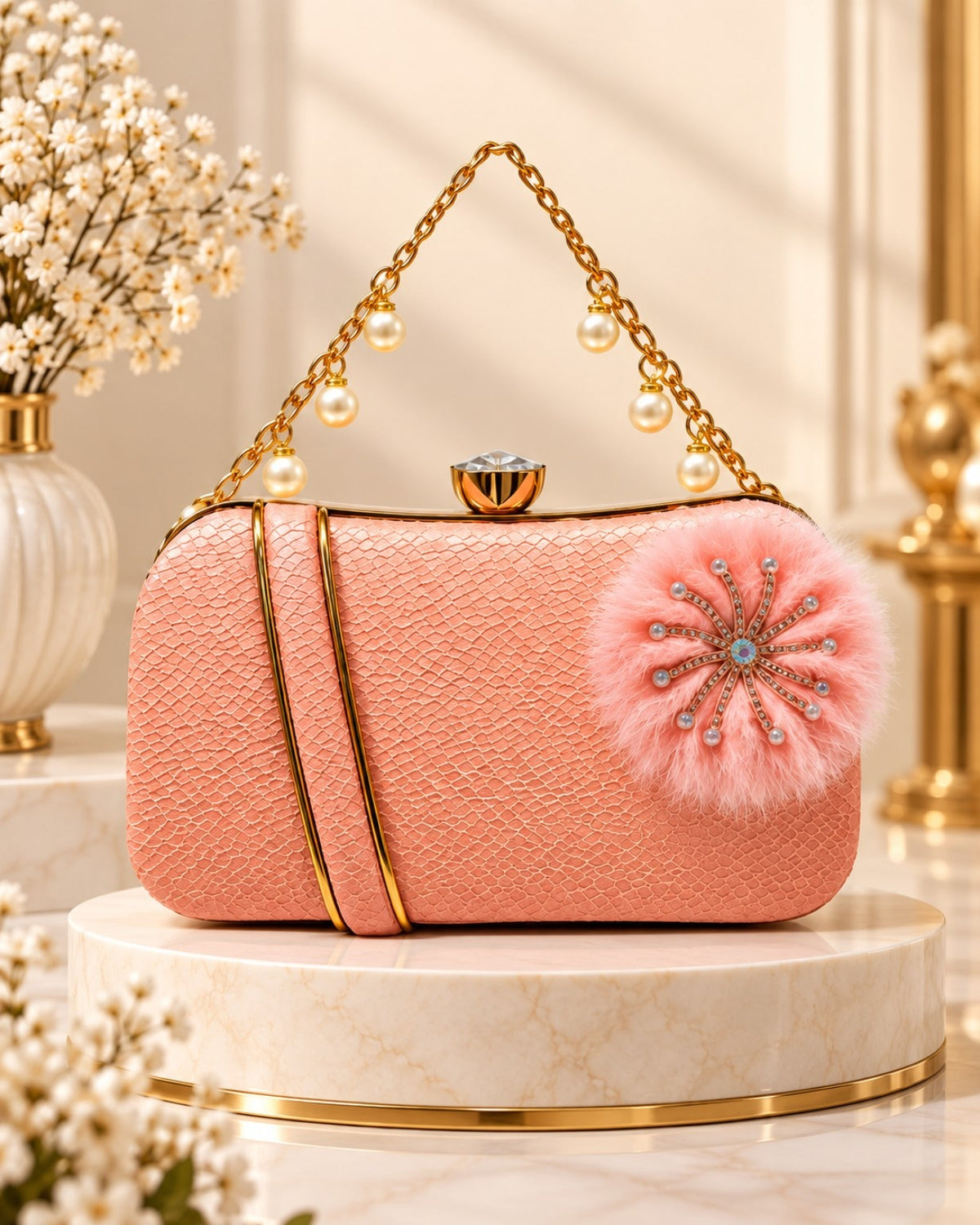 Pearl Handle Embellished Textured Clutch Bag for Women