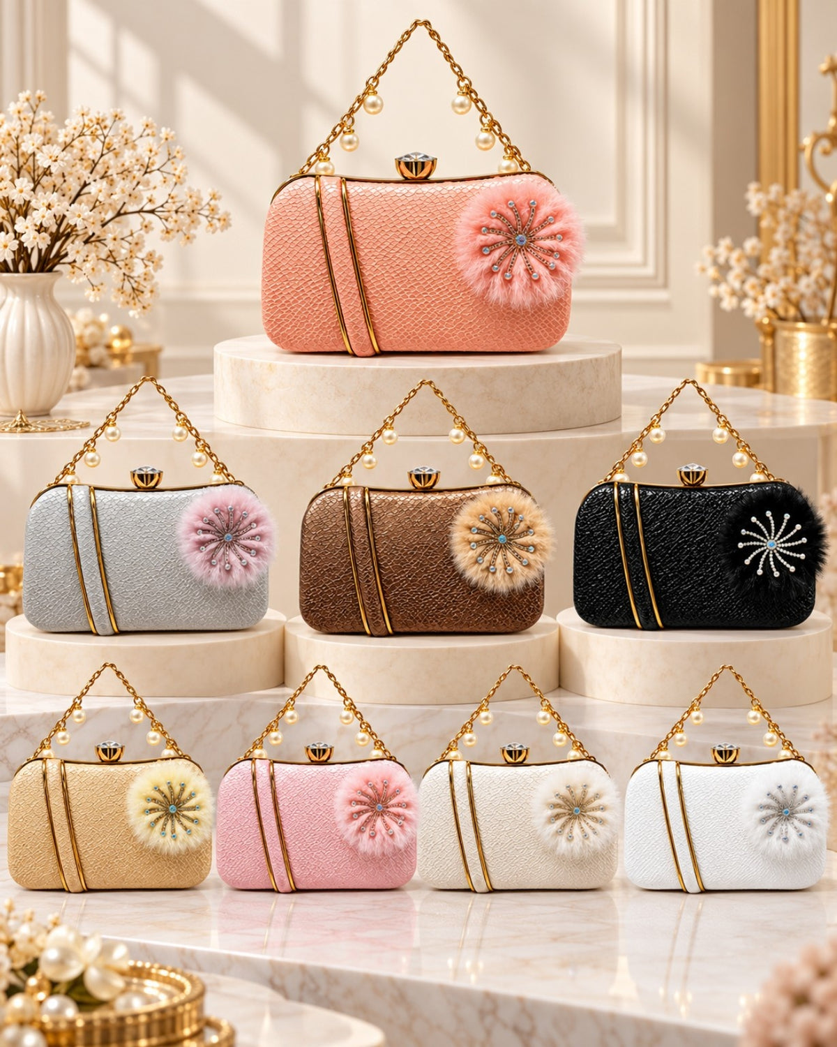 Pearl Handle Embellished Textured Clutch Bag for Women