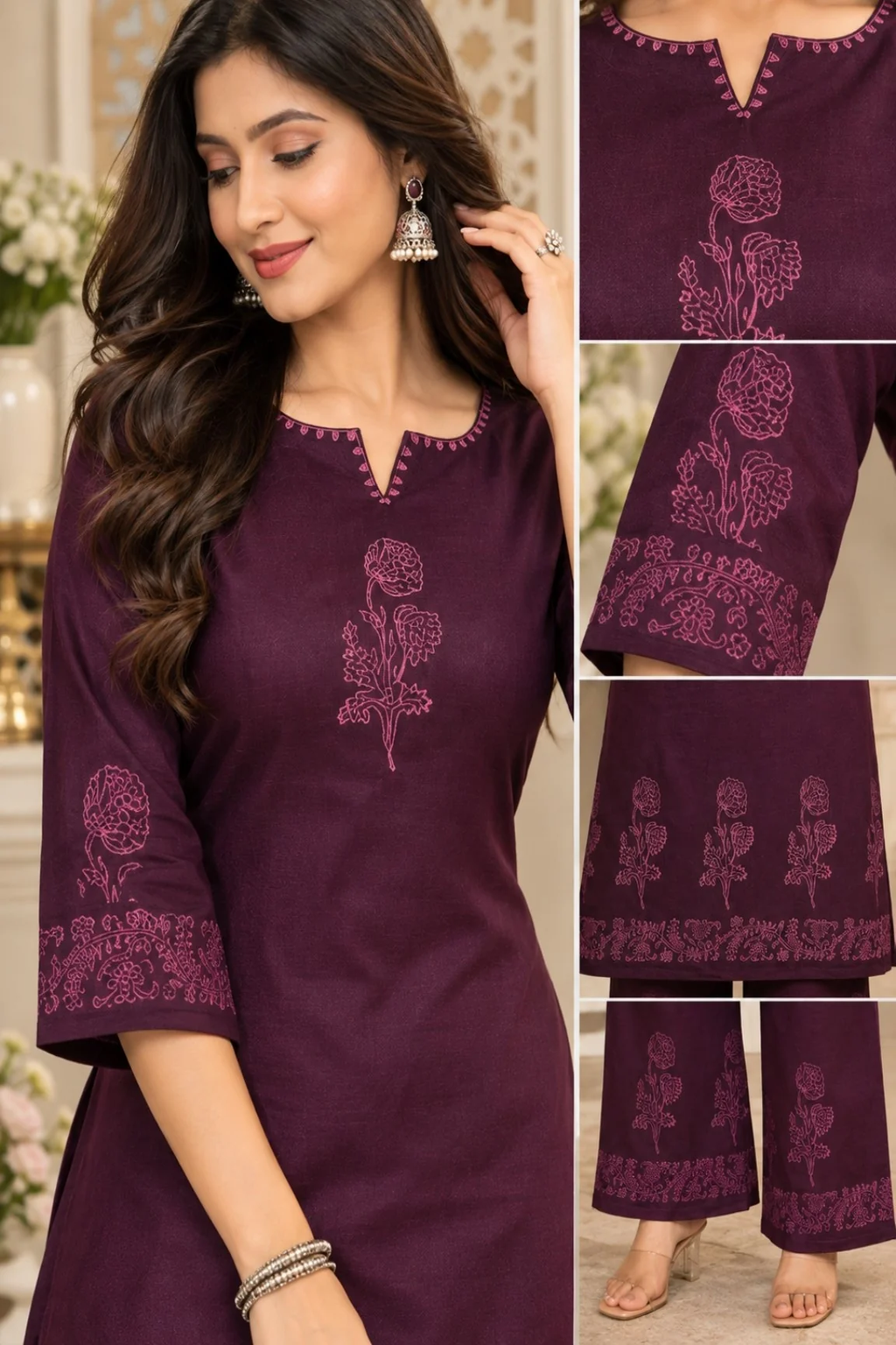 Wine Purple Floral Printed Kurta Palazzo Set for Women | Elegant Ethnic Wear