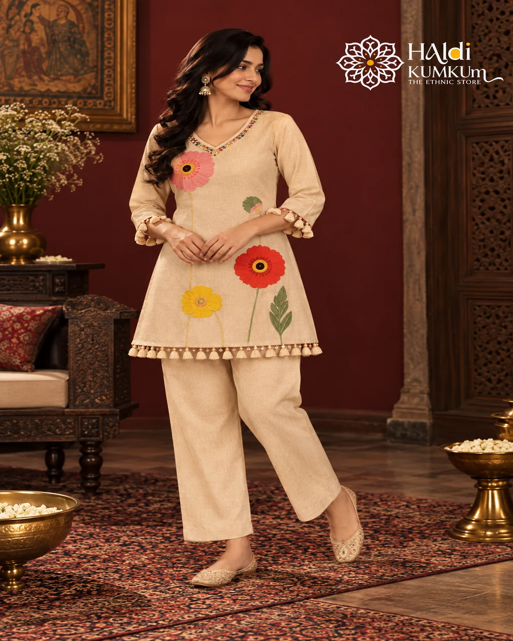 Cream Floral Embroidered Kurta Pant Co-Ord Set | Haldikumkum