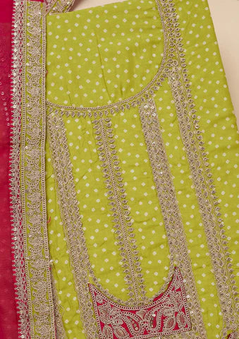 Parrot Green Zariwork Semi Crepe Unstitched Salwar Suit