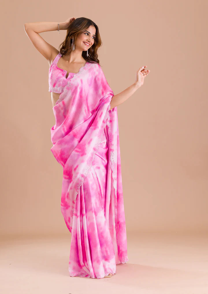 Pink Printed Satin Saree